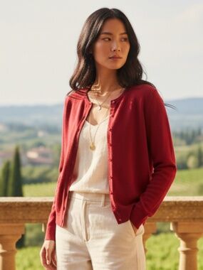 August Silk Cardigan Sweater Sz Small Crimson Red SILK Blend Old Money Luxury